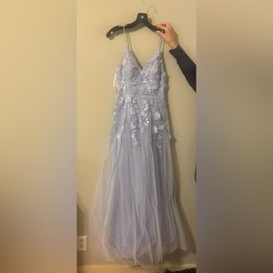 Blue floral appliqué Aline prom dress